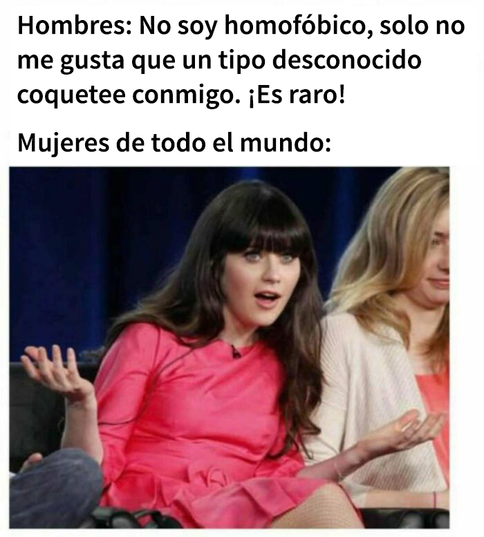 Mujer con expresión de sorpresa en meme humor negro, representando un contraste cómico entre hombres y mujeres.