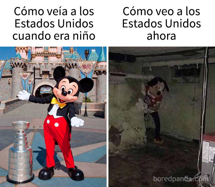 Memes oscuros y humor negro mostrando la visión infantil versus la realidad actual de Estados Unidos.