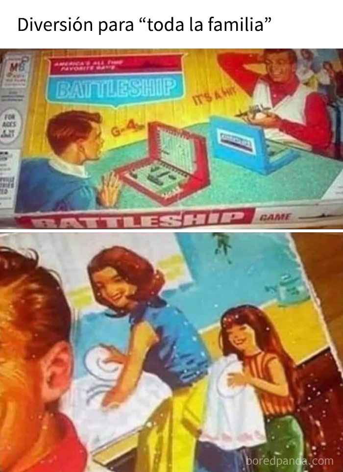 Juego de mesa Battleship retro con humor oscuro, mostrando a niños y adultos en ilustraciones de época.