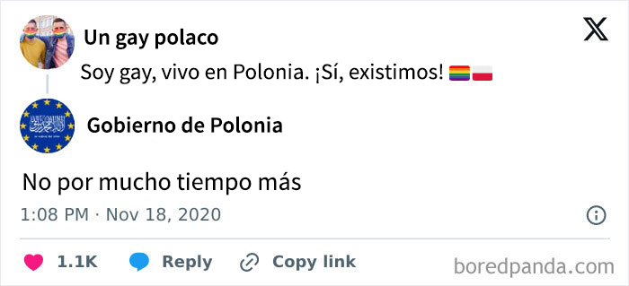 Intercambio humorístico oscuro en redes sociales entre un usuario y el gobierno polaco con tono sarcástico.