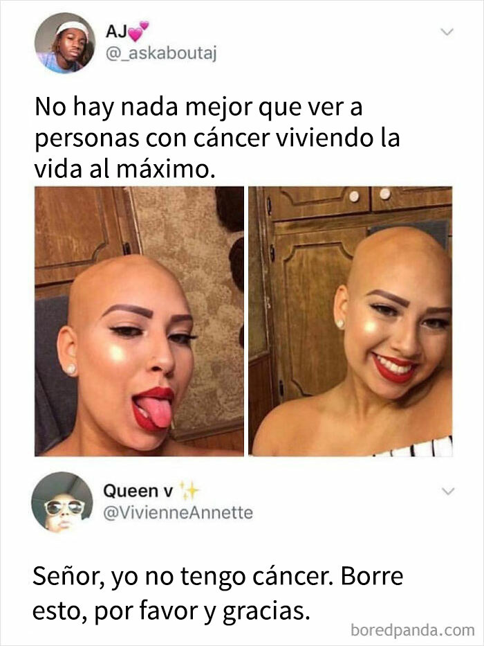Imagen de memes oscuros y humor negro, con conversación sobre cáncer y expresiones faciales de una mujer calva.