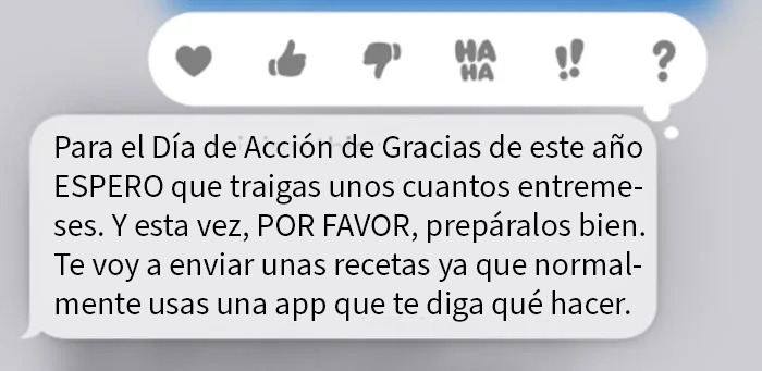 Texto de MIL exigente sobre la cena de Thanksgiving causando reacción para bloquear el contacto por mensajes intensos.