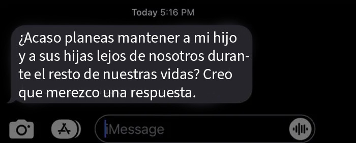 Captura de pantalla de un mensaje intenso de una suegra causando tensión familiar y reacciones para bloquear el contacto.