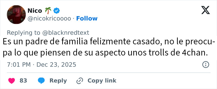 Tuit de usuario defendiendo a galán adolescente de los 2000 troleado por su aspecto a los 48 años en redes sociales.