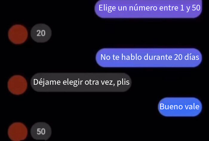 Intercambio de mensajes divertidos con giro inesperado usando números y días de silencio en una conversación humorística.