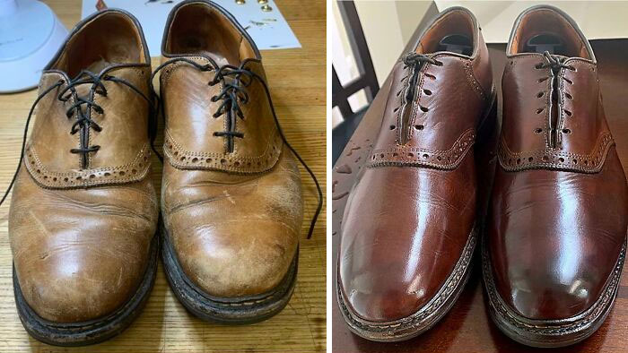 Aquí está el antes y el después del producto terminado en mis Allen Edmond de 5 dólares. Estos zapatos Bifl estaban destinados al basurero pero pude devolverlos a la vida. El color del tinte es desigual entre el izquierdo y el derecho, pero voy a dejar que me moleste por un tiempo hasta que llegue a arreglarlo