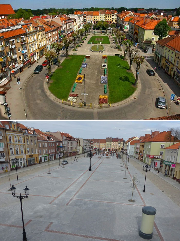 Plaza de la ciudad en Bartoszyce (Polonia), antes y después