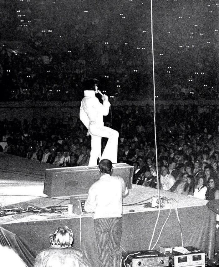 Ojos reflejados en el flash de una cámara en un concierto de Elvis