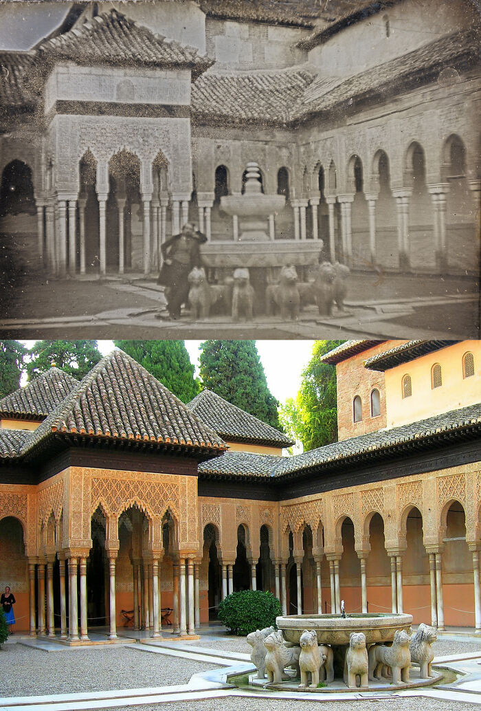 Patio de los Leones, Granada, España - 1840 y hoy