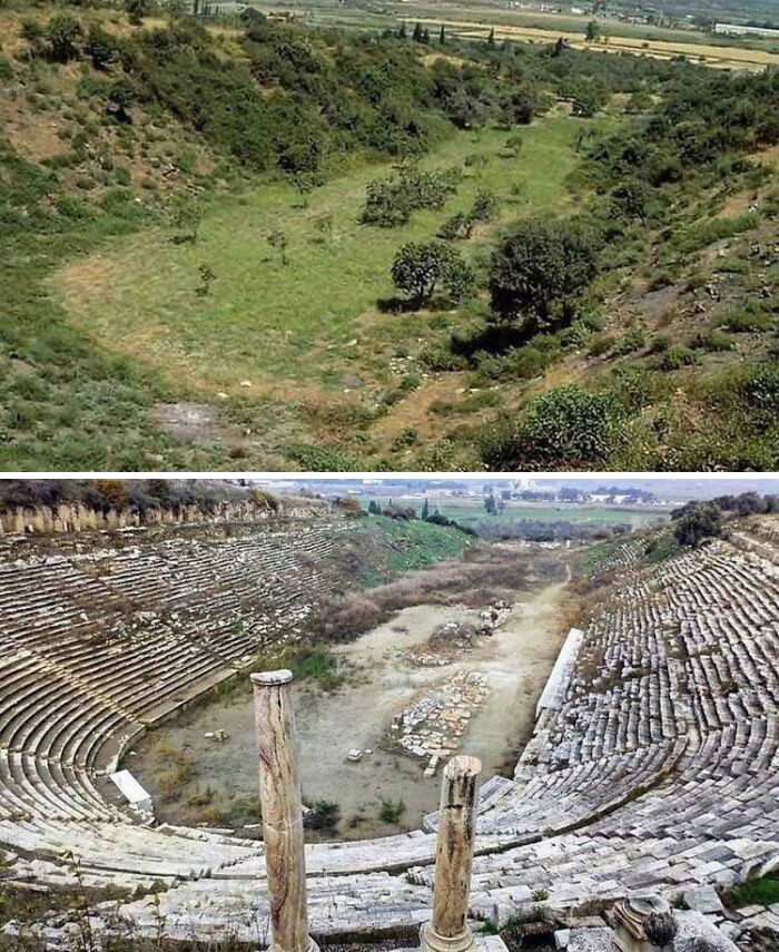 Estadio de la antigua Grecia antes y después de la excavación (en la actual Turquía)