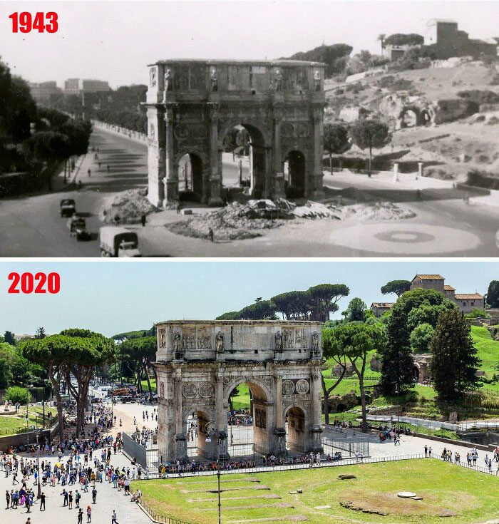 Arco de Constantino en Roma, 1943 (tomada por mi abuelo), y su aspecto actual