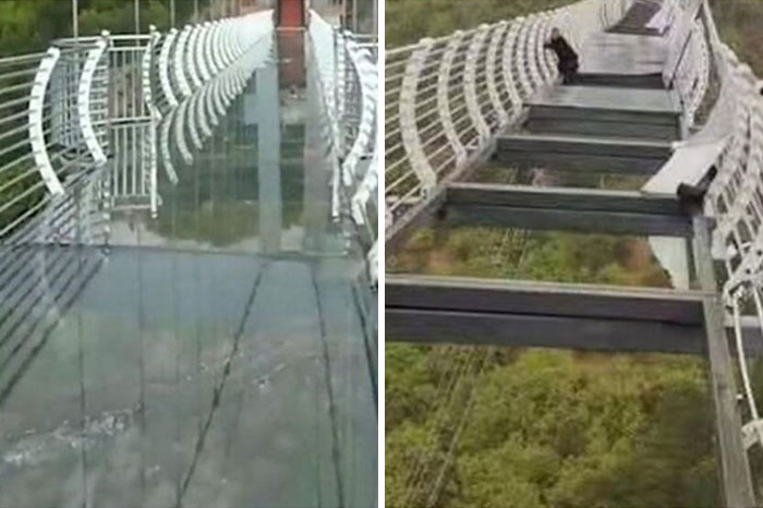 7 de mayo de 2021: Un turista queda atrapado a 100 metros de altura en un puente de cristal chino tras reventar los paneles del suelo