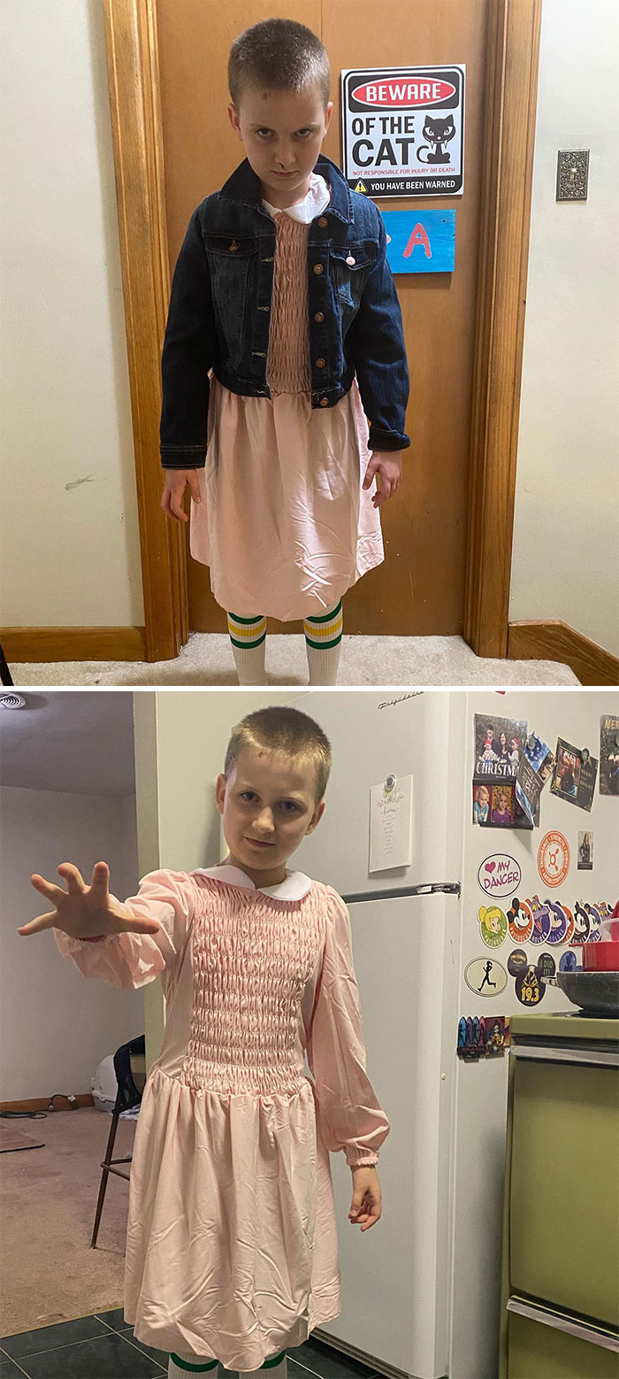 Mi hija se afeitó la cabeza para donar el mes pasado, así que se disfrazó de Once para Halloween