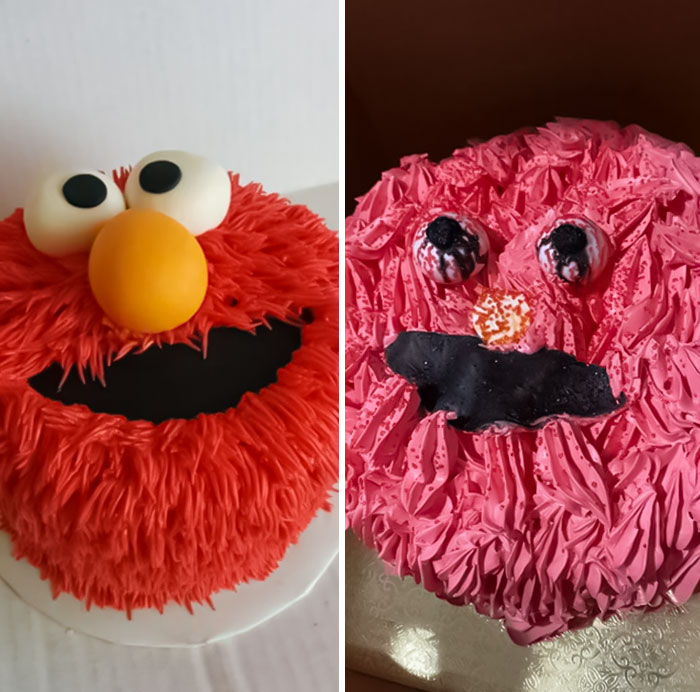 Pedimos la tarta de la izquierda y recibimos la de la derecha. Elmo ha visto días mejores