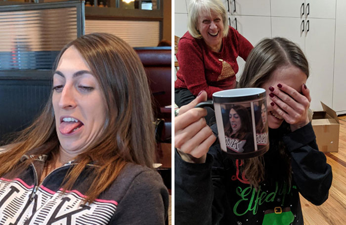 Mi hermana aprendió una valiosa lección: si dejas que tu hermano mayor te haga una foto fea, la tendrás en una taza personalizada que cambia de color como regalo de broma