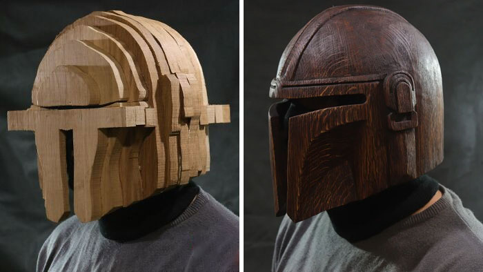 Casco de madera mandaloriano. Tallado en madera de roble. Tomó 6 días hacerlo