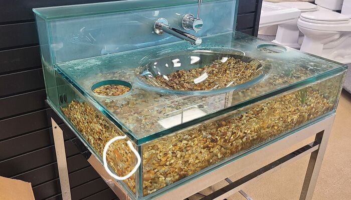 Vi este fregadero en una sala de exposición de baños y pensé en ustedes, mis amigos. Tiene peces de verdad en él