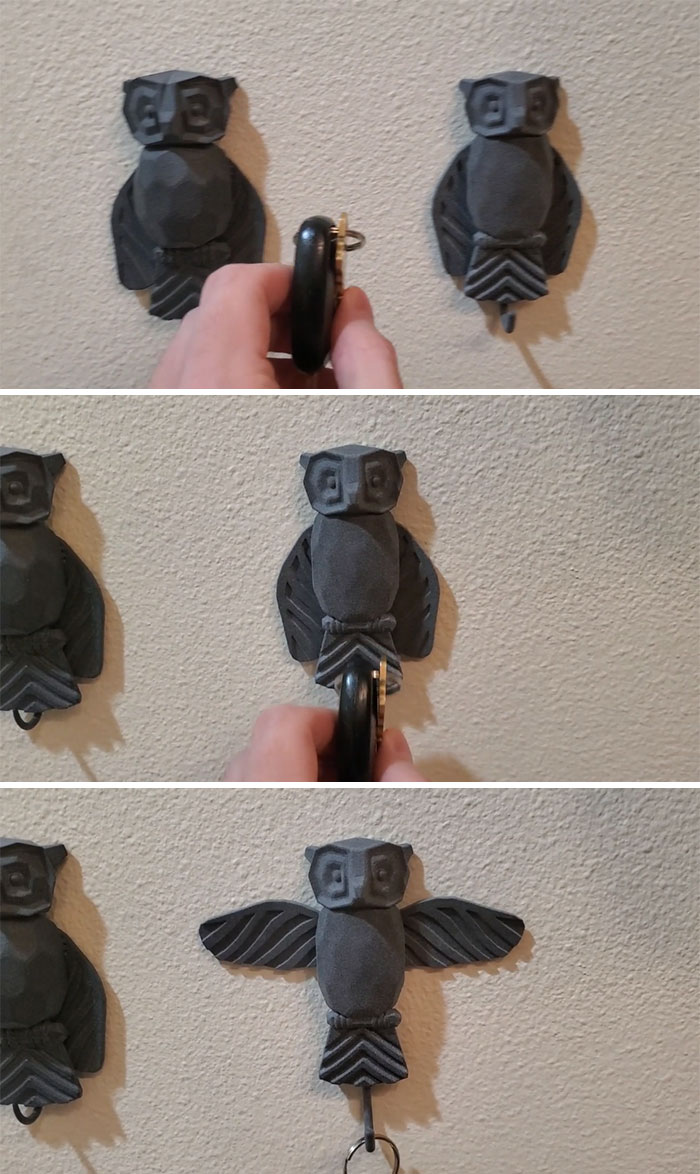 Ganchos mecánicos para llaves en forma de búho que diseñé e imprimí
