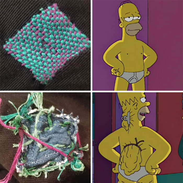 Tratando de aprender a remendar… por suerte mis pantalones de trabajo ofrecen muchas oportunidades para practicar