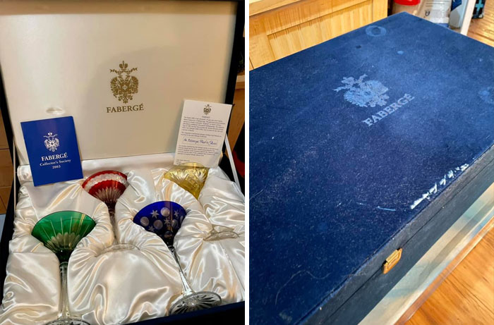 Ayer estuve de compras de segunda mano y me encontré con este hermoso juego de copas de Martini de Fabergé. En una hermosa caja de terciopelo azul