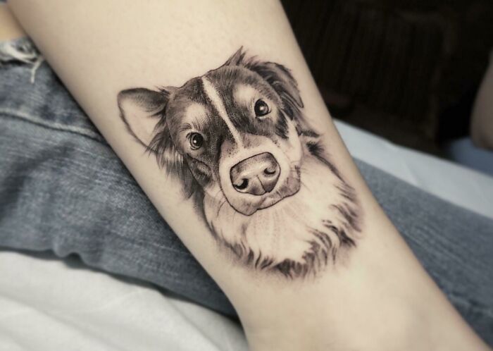 ¡Mi primer gran tatuaje! Es mi cachorro Bentley, que ha sido la mejor parte de mi vida. Por Brandon Thurston en Bloodmoon Gallery, NC