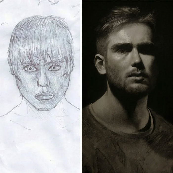 Dos autorretratos que saqué con un espejo con 10 años de diferencia, cuando tenía 13 y 23 años