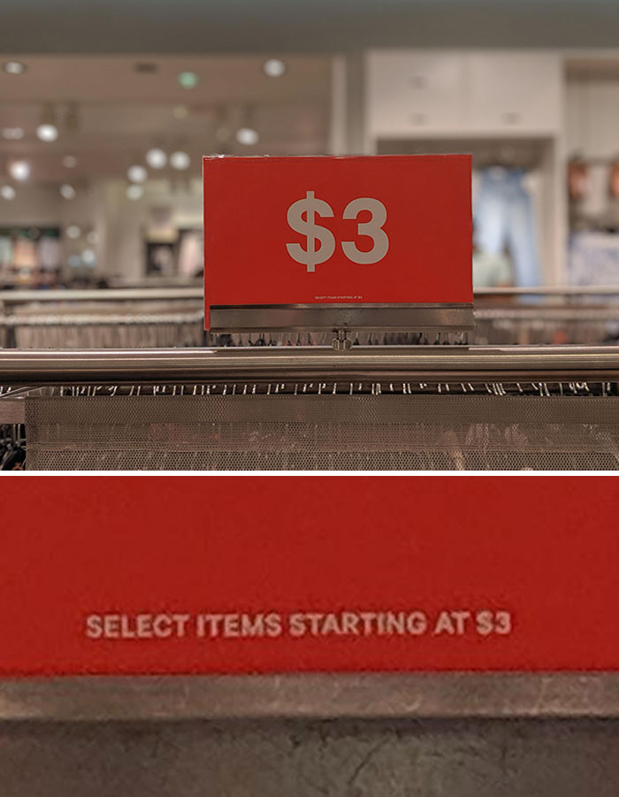 Cartel de venta en H&M hoy. La letra pequeña es difícil de leer en persona