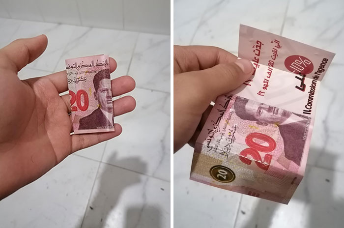 Acabo de encontrar 20 dinares tunecinos (7,5 dólares) en el suelo, y después de abrirlo, era sólo un anuncio de un estúpido descuento