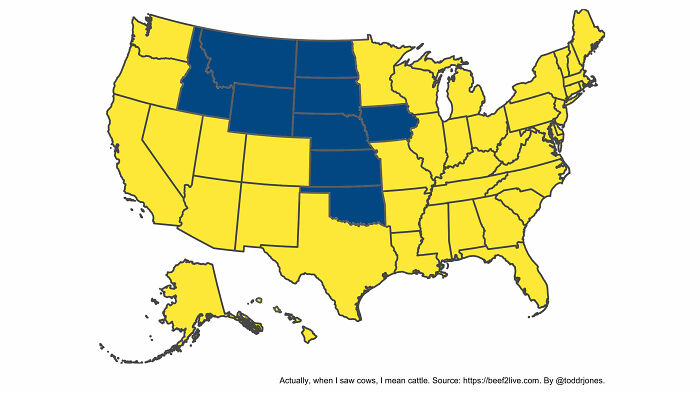 Hay más vacas que personas en los estados de color azul