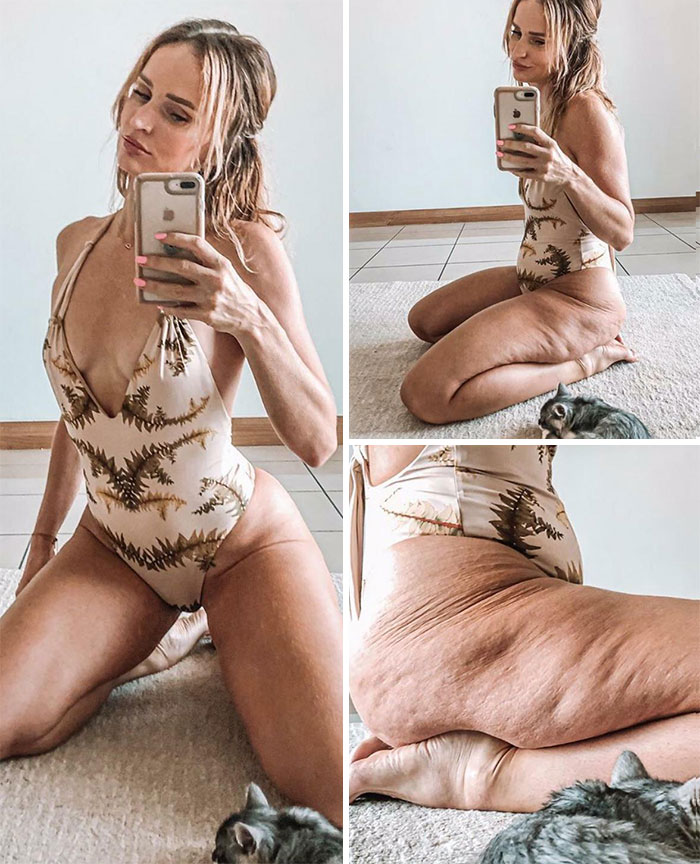 La mujer de la foto suele publicar sobre cómo la gente utiliza los ángulos para parecer más delgada y ocultar la celulitis/las imperfecciones de la piel - Encontrado en su Instagram