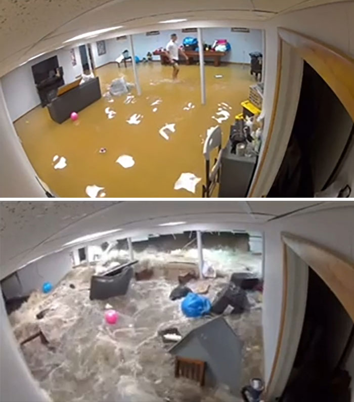 Un sótano inundado se convierte rápidamente en un océano