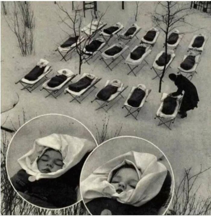 Bebés que duermen al aire libre para reforzar el sistema inmunológico, Moscú 1958