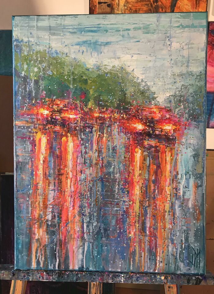 Pintura que hice como si mirara a través de la ventana lluviosa de un coche