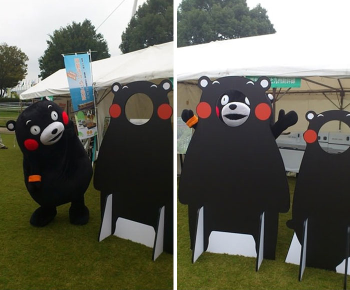 Mascota japonesa Kumamon poniendo su rostro en su propia imagen recortada