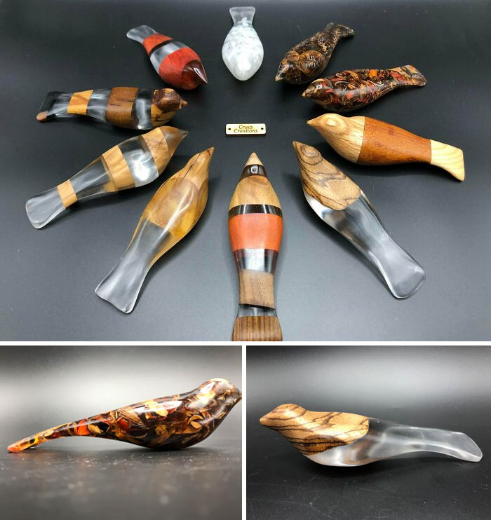 Nuevo conjunto de pájaros de confort. Fabricados con varios restos de madera y resina epóxica que dan una nueva vida al material destinado a la basura