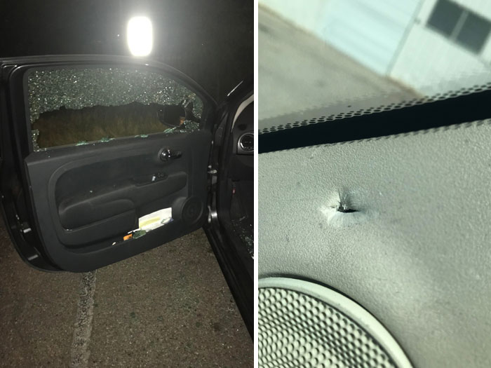 Escuché unos disparos justo antes de irme al trabajo, decidí esperar unos 10 minutos antes de ir hacia mi auto y me encontré con esto. Me alegro de no haber estado dentro