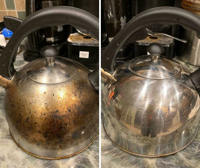 No podía soportar lo asquerosa que estaba la tetera de mi hermana por las salpicaduras de la estufa. ¡Un poco de limpiador multiusos Bar Keepers Friend y algo de trabajo manual lograron el objetivo!