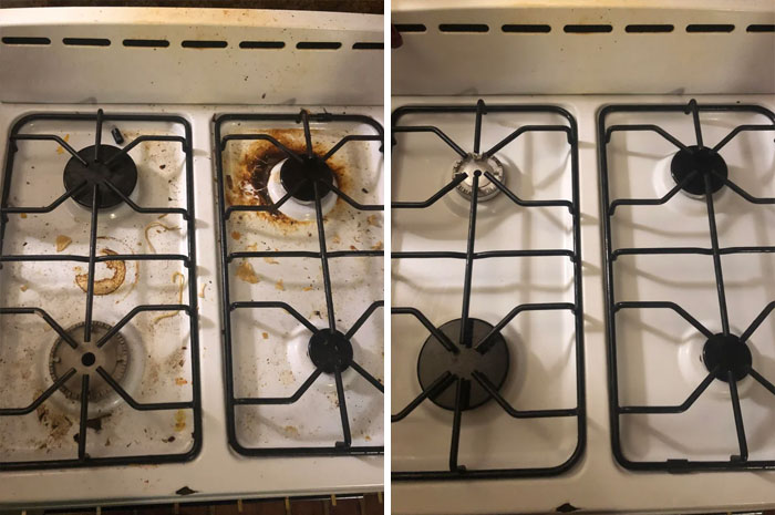 ¡Antes y después de la limpieza de mi estufa! ¡Me sentía un poco avergonzado de compartir esto, pero espero que pueda ayudar a inspirar a otros!