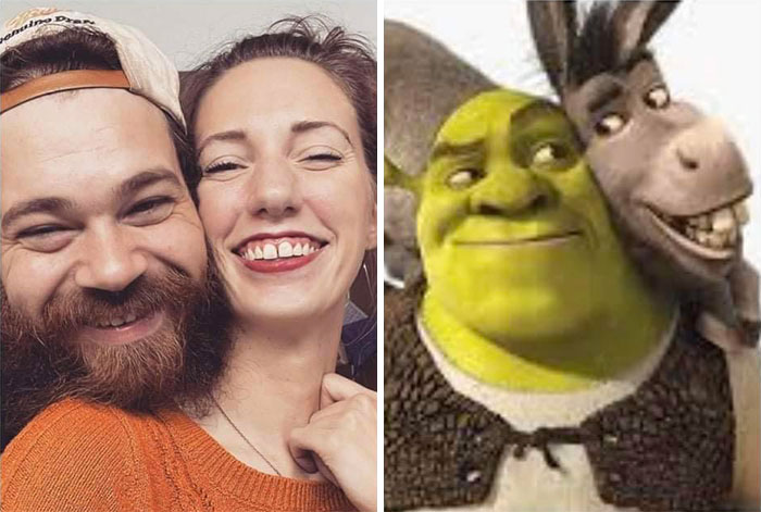 A la izquierda está la foto que publiqué de mi novio y yo, a la derecha está su respuesta