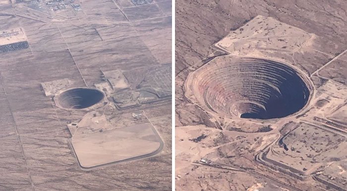 Sobrevolando un área en las afueras de Tucson vimos este agujero y parece que tiene agua en él