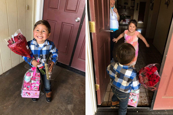 Tiene la sonrisa más grande justo cuando está a punto de darle a su novia su regalo de San Valentín por primera vez