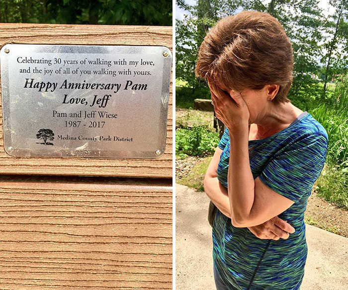 Mi padre sorprendió a mi madre por su 30º aniversario e hizo que le dedicaran un banco en el parque por el que siempre pasean juntos