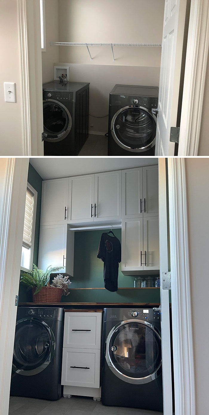 Cuarto de lavado pequeño, pero alto. Antes y después