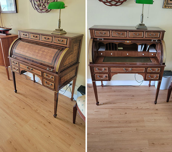 Escritorio con tapa de barril estilo Luis XIV. Nogal y madera de Kingwood