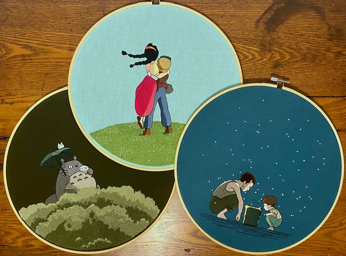 ¡Mi serie de bordados de Studio Ghibli! Inspirados en “Mi vecino Totoro”, “El castillo en el cielo” y “La tumba de las luciérnagas”