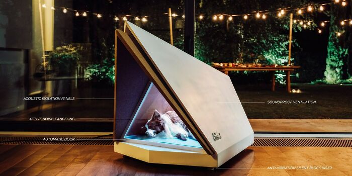 Casa para perros con cancelación de ruido que puede mantener a tu cachorro tranquilo durante los fuegos artificiales y las tormentas (un prototipo de Ford, que utiliza tecnología creada para vehículos de alta gama)