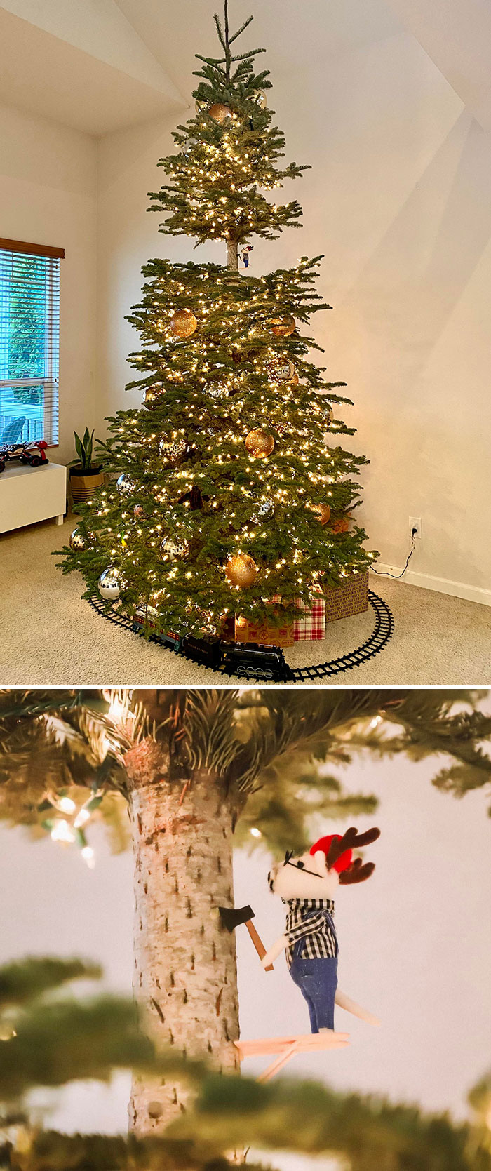 Mi esposo y yo siempre intentamos encontrar ese árbol que pensamos que nadie querrá llevarse a casa. Este año nuestro árbol de 4 metros de altura tiene un hueco de 30 centímetros en la punta. Lo completamos con un pequeño ratón leñador 