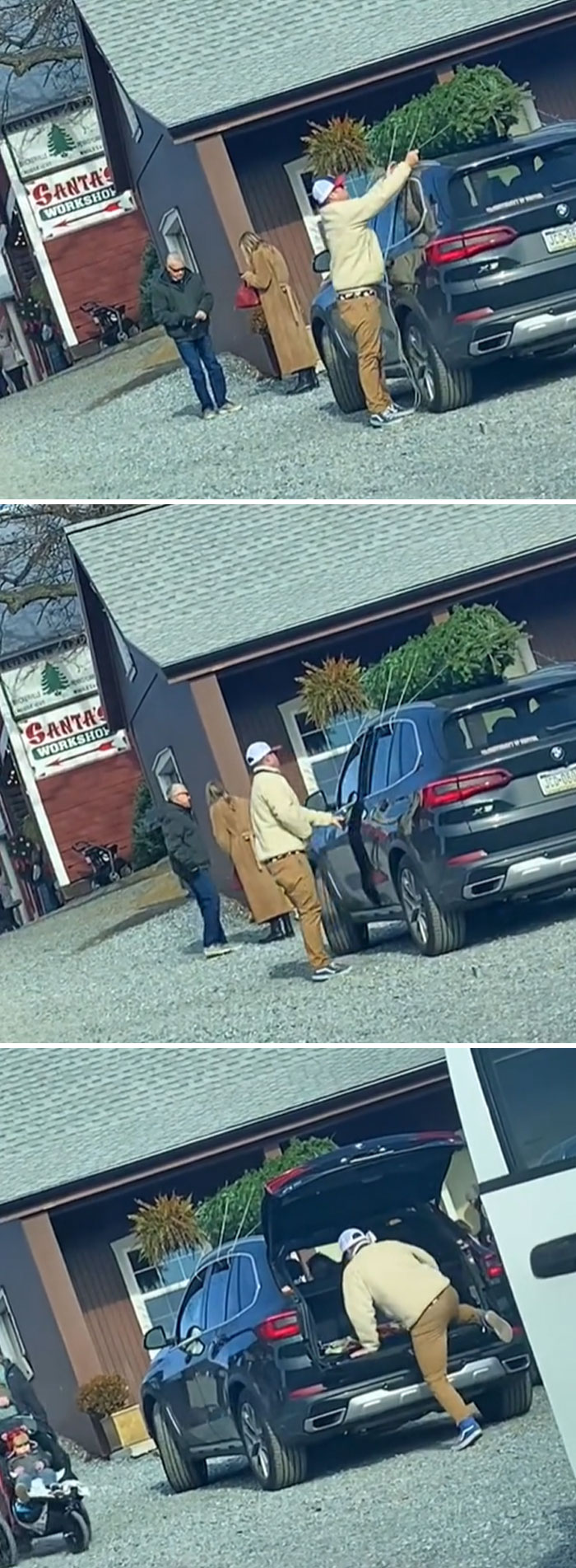 Este hombre ató el árbol de Navidad al techo del coche… pero también ató las puertas