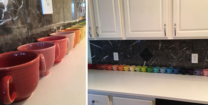 He estado coleccionando artículos de fiesta durante años y tengo la perfecta exhibición de tazas de té arco iris. Todas ellas provienen de tiendas de segunda mano, tiendas de antigüedades y ventas de garaje alrededor de Minnesota