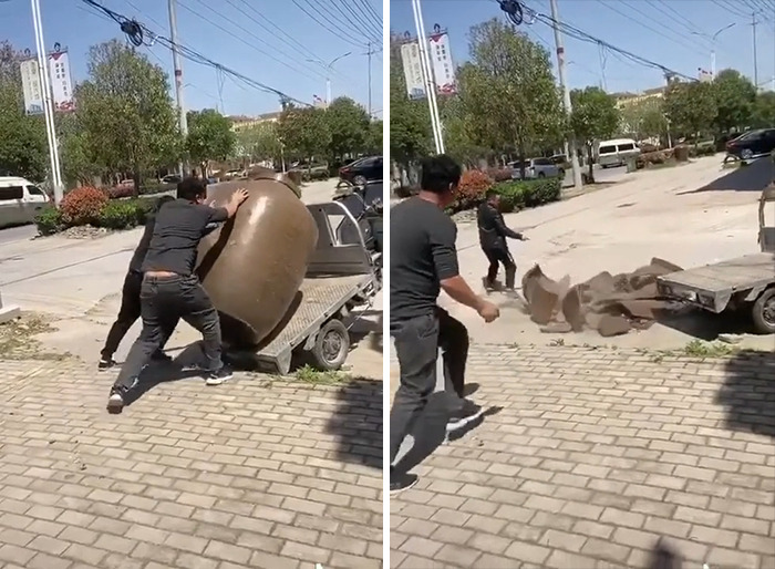 Los chicos quieren transportar una gran olla de barro